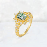Emerald Cut Moss Agate Floral Halo Leaf Vine Engagement Ring - Additional view