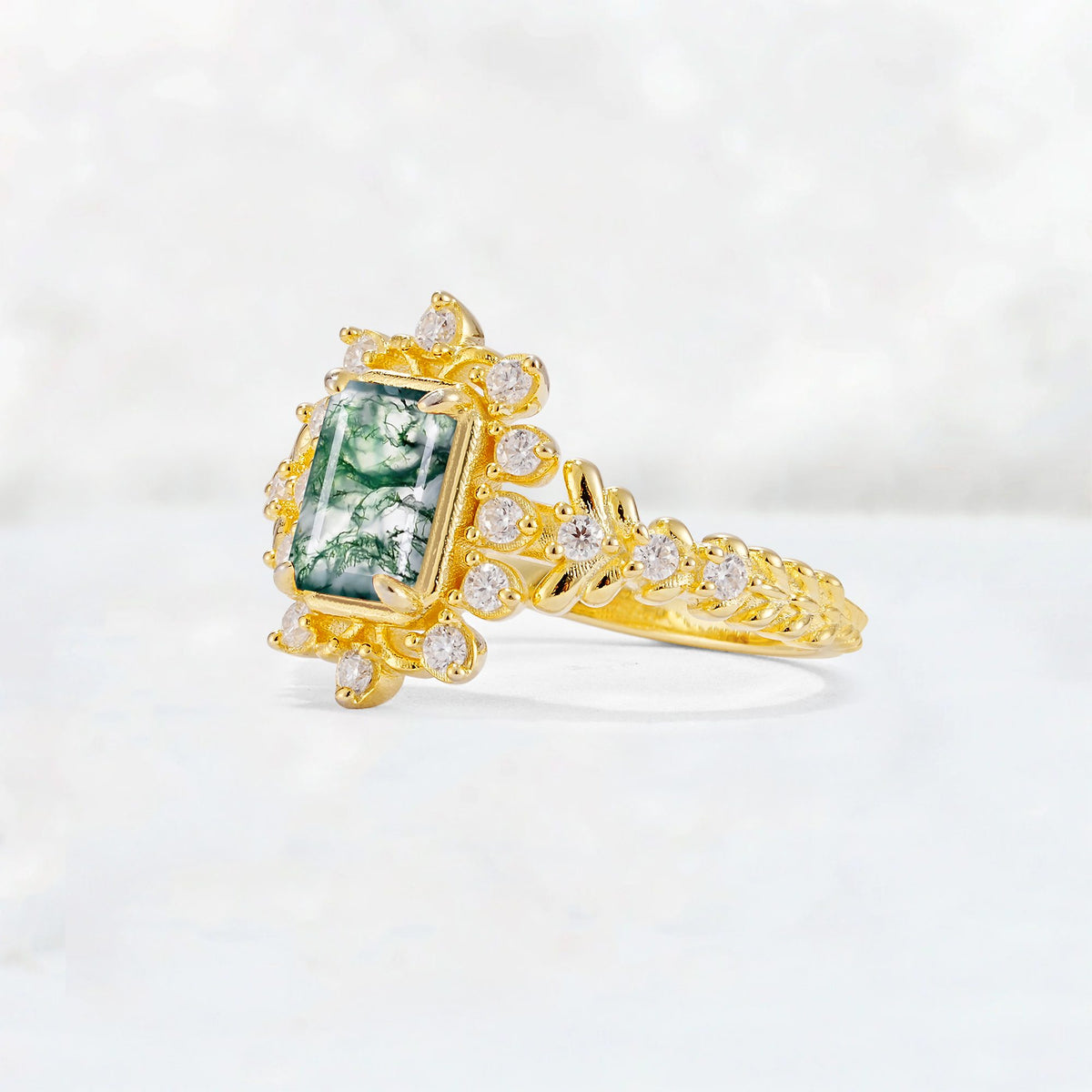 Emerald Cut Moss Agate Floral Halo Leaf Vine Engagement Ring - Additional view