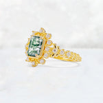 Emerald Cut Moss Agate Floral Halo Leaf Vine Engagement Ring - Additional view