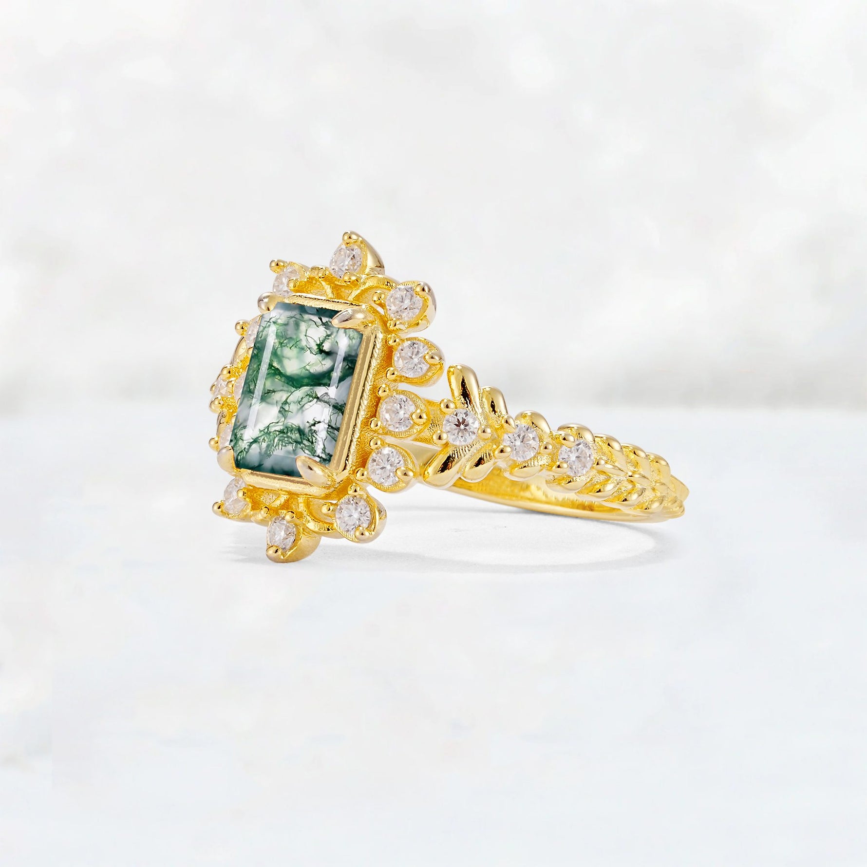 Emerald Cut Moss Agate Floral Halo Leaf Vine Engagement Ring - Additional view