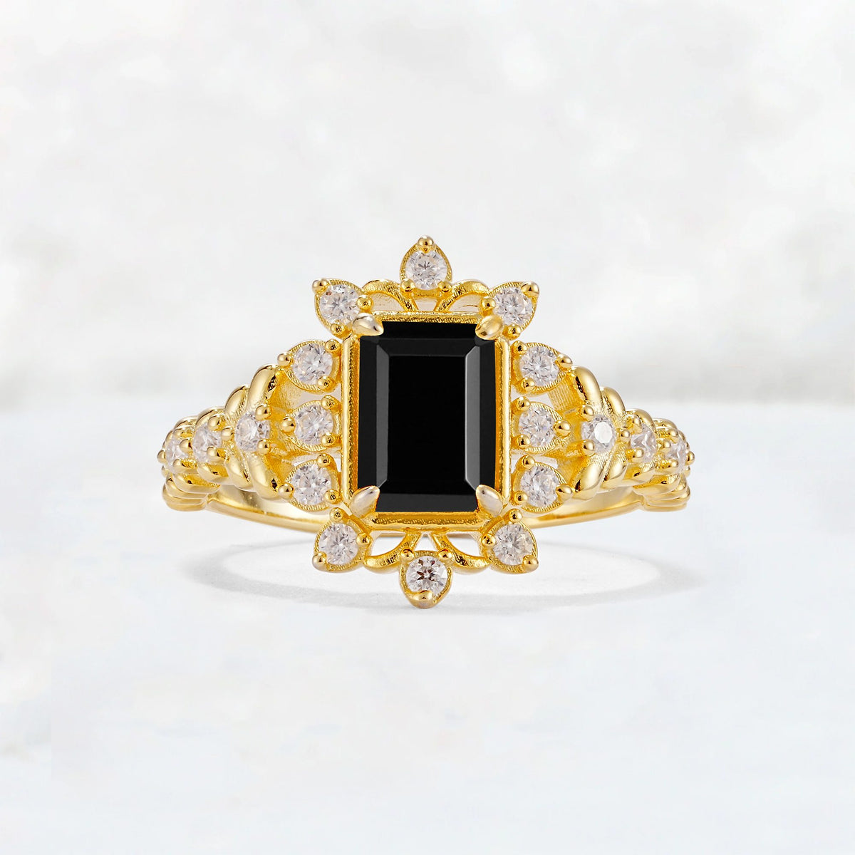 Emerald Cut Black Onyx Floral Halo Leaf Vine Engagement Ring - Additional view