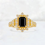 Emerald Cut Black Onyx Floral Halo Leaf Vine Engagement Ring - Additional view