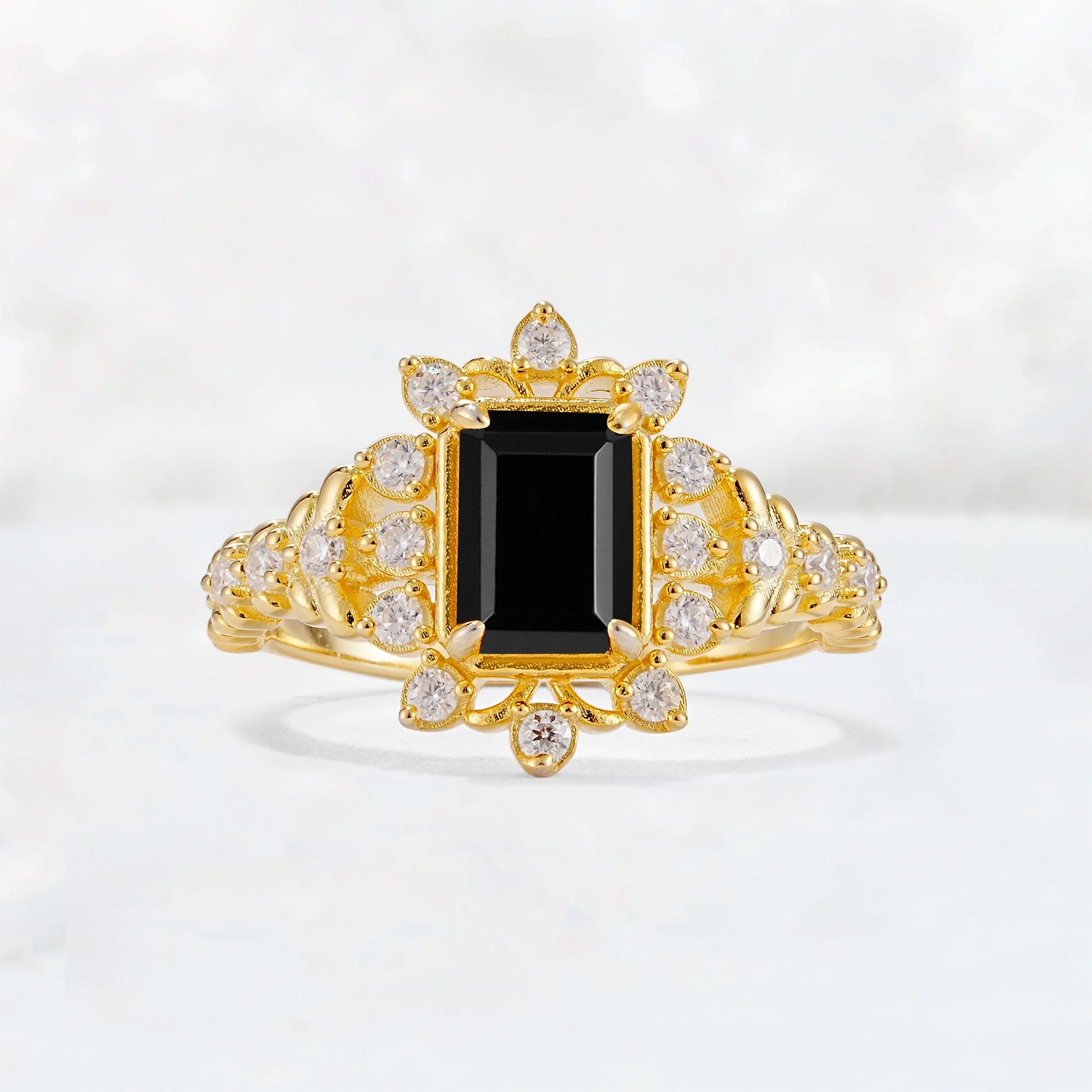 Emerald Cut Black Onyx Floral Halo Leaf Vine Engagement Ring - Additional view