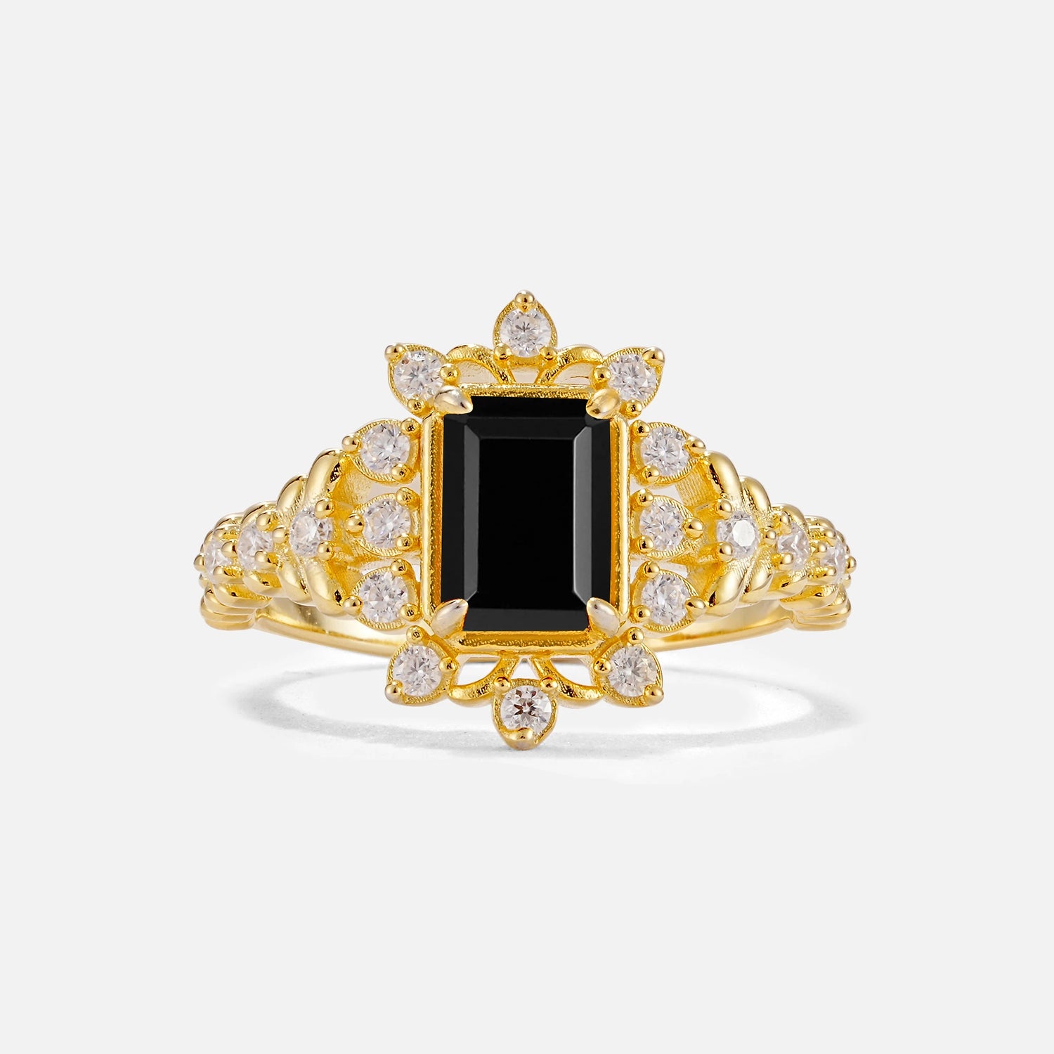 Emerald Cut Black Onyx Floral Halo Leaf Vine Engagement Ring