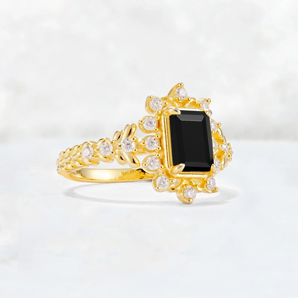 Emerald Cut Black Onyx Floral Halo Leaf Vine Engagement Ring - Additional view