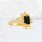 Emerald Cut Black Onyx Floral Halo Leaf Vine Engagement Ring - Additional view