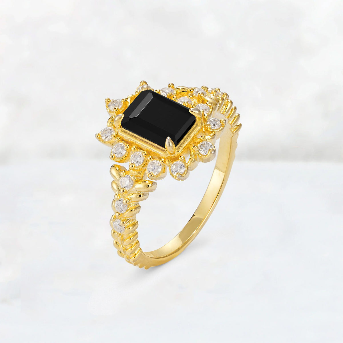 Emerald Cut Black Onyx Floral Halo Leaf Vine Engagement Ring - Additional view
