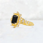 Emerald Cut Black Onyx Floral Halo Leaf Vine Engagement Ring - Additional view