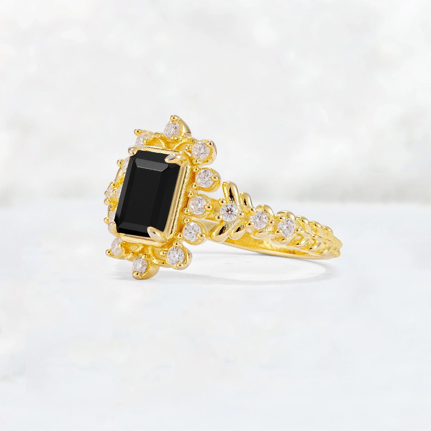 Emerald Cut Black Onyx Floral Halo Leaf Vine Engagement Ring - Additional view