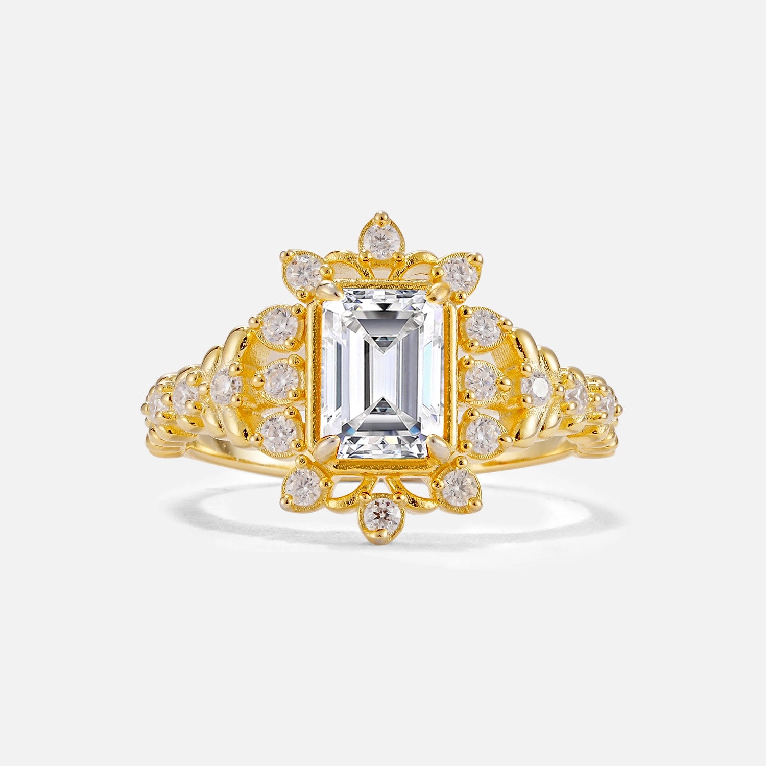 Emerald Cut Lab Diamond Floral Halo Leaf Vine Engagement Ring