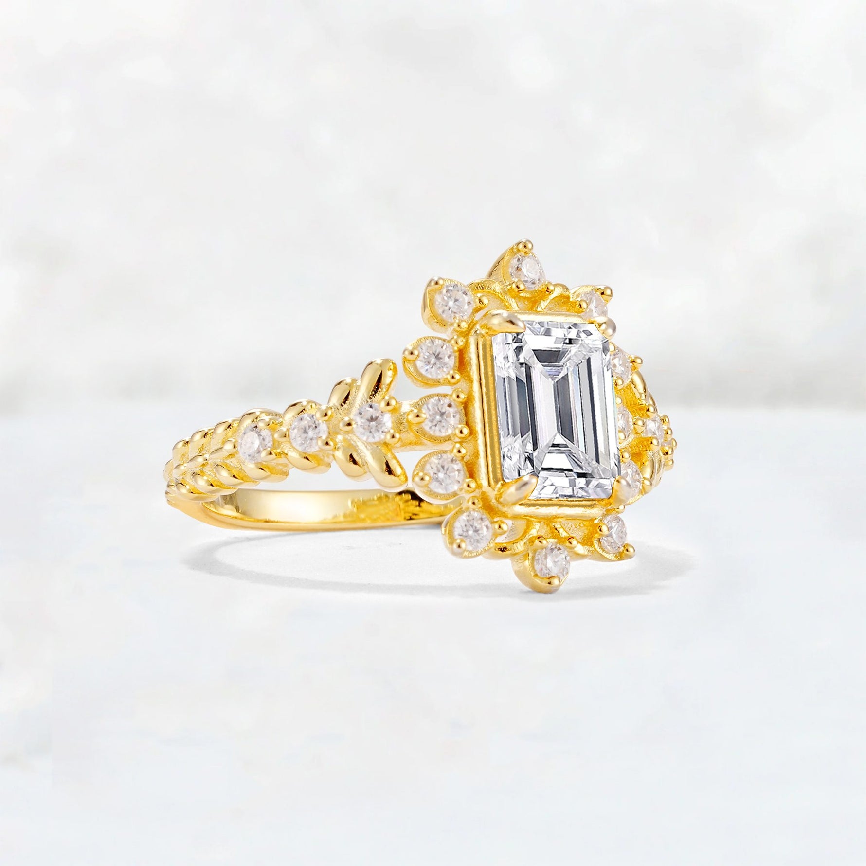 Emerald Cut Lab Diamond Floral Halo Leaf Vine Engagement Ring - Additional view
