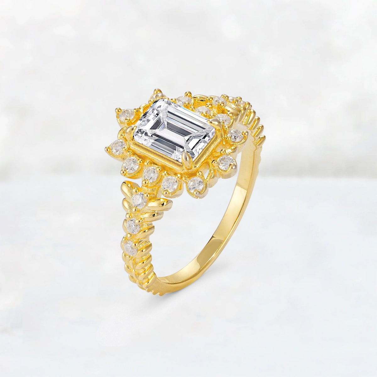 Emerald Cut Lab Diamond Floral Halo Leaf Vine Engagement Ring - Additional view