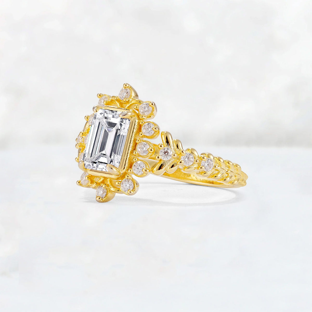 Emerald Cut Lab Diamond Floral Halo Leaf Vine Engagement Ring - Additional view