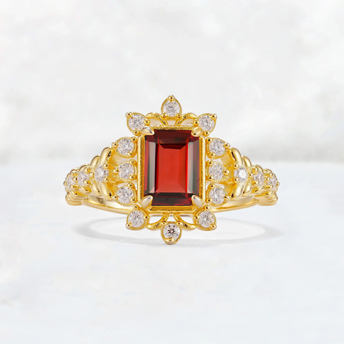 Emerald Cut Garnet Floral Halo Leaf Vine Engagement Ring - Additional view