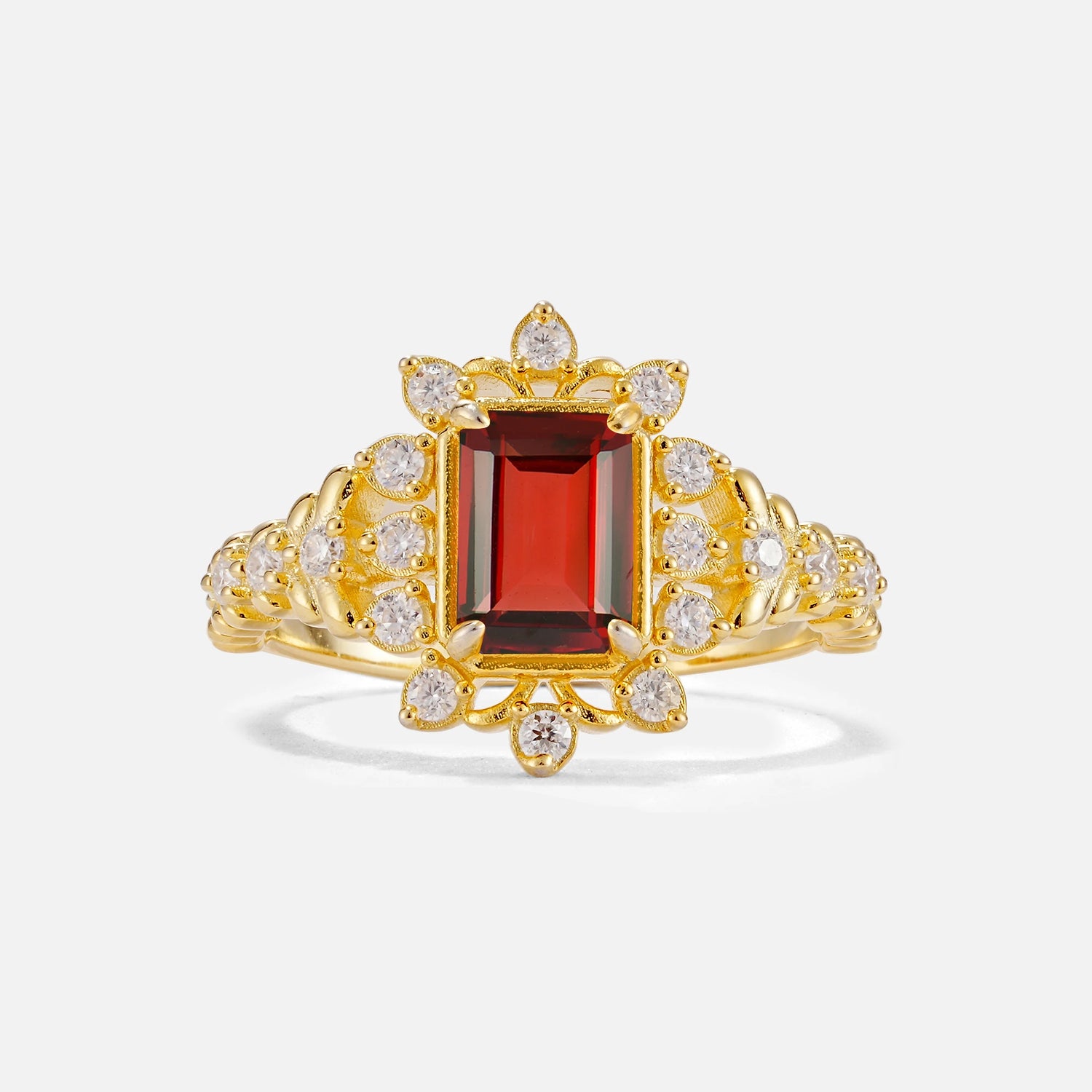 Emerald Cut Garnet Floral Halo Leaf Vine Engagement Ring