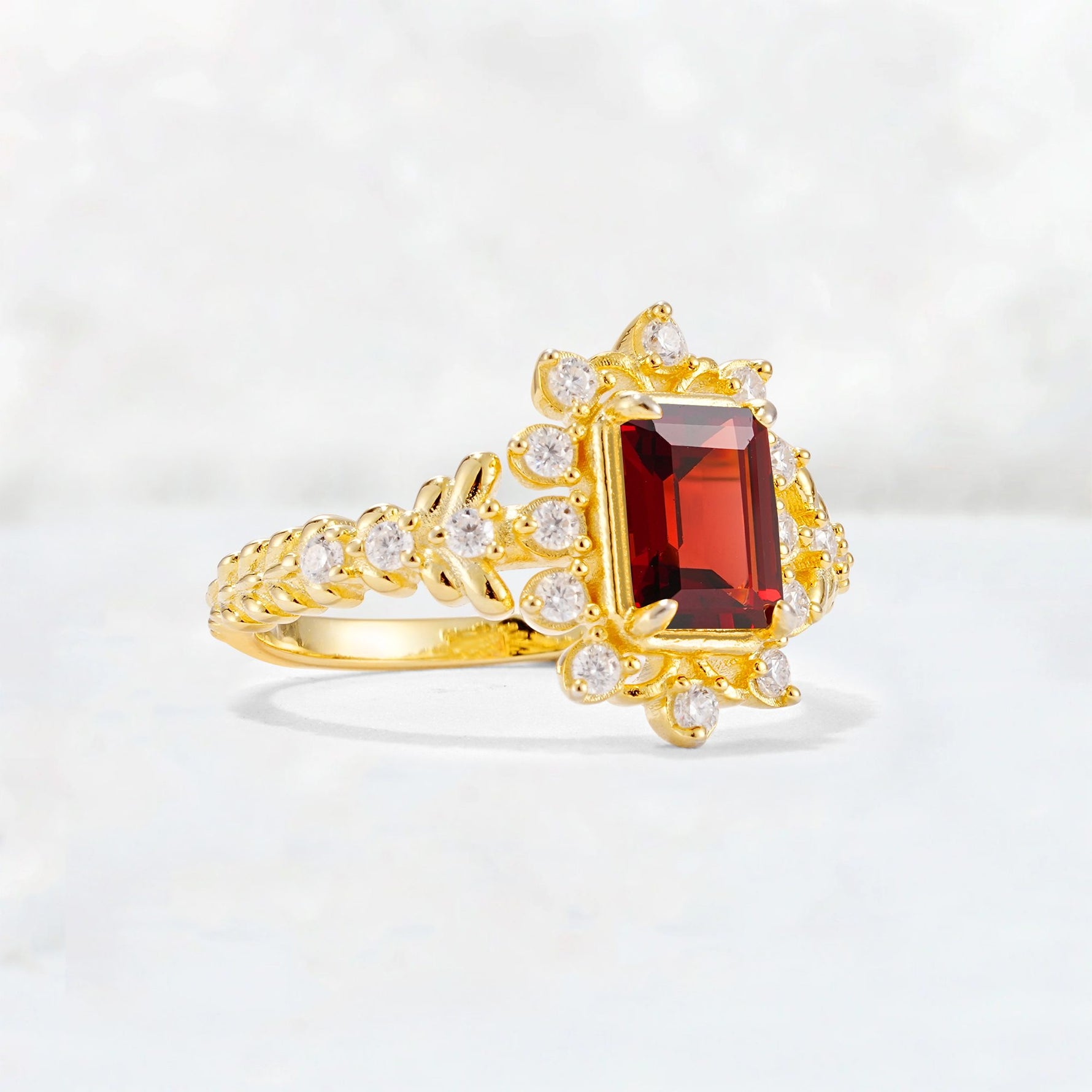 Emerald Cut Garnet Floral Halo Leaf Vine Engagement Ring - Additional view