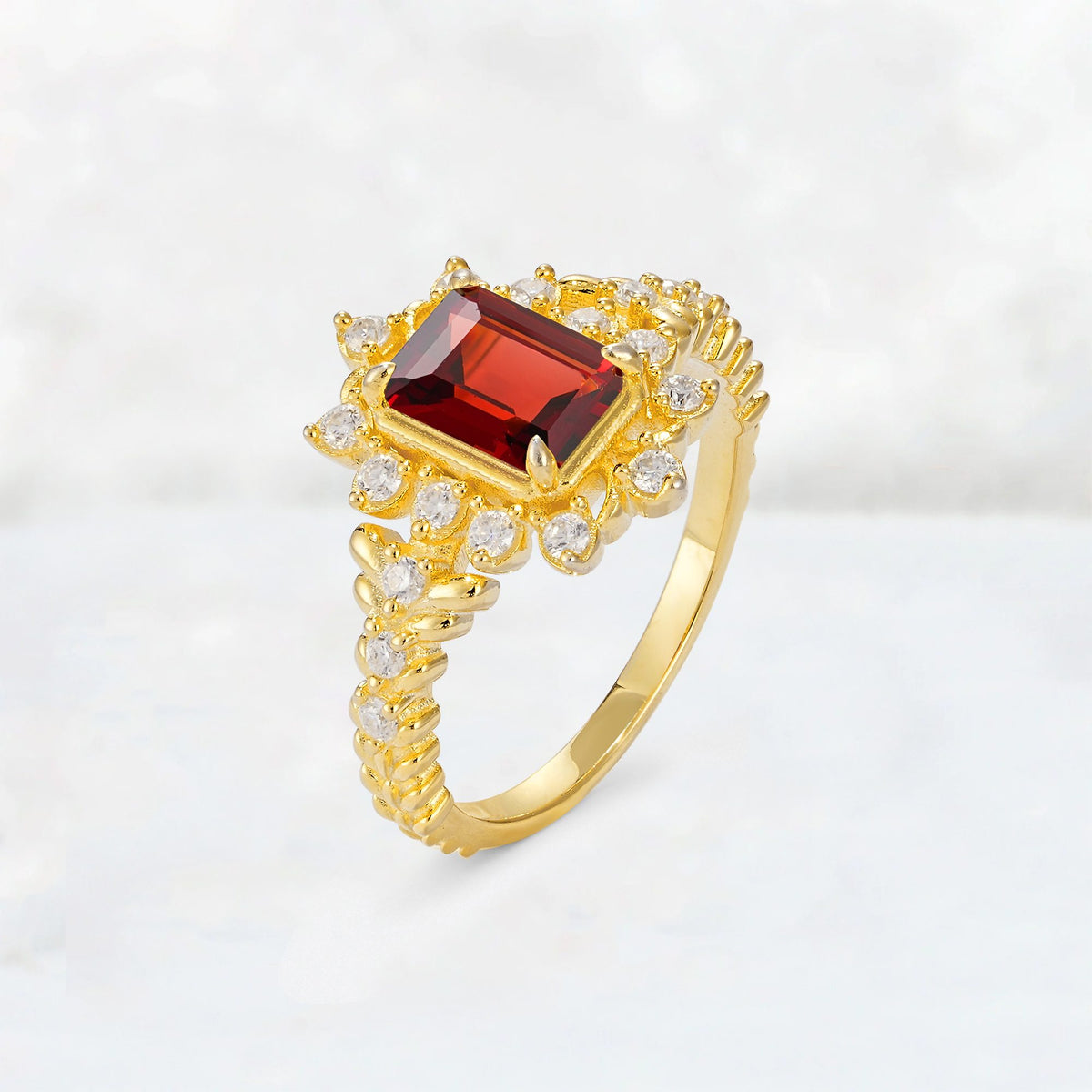 Emerald Cut Garnet Floral Halo Leaf Vine Engagement Ring - Additional view