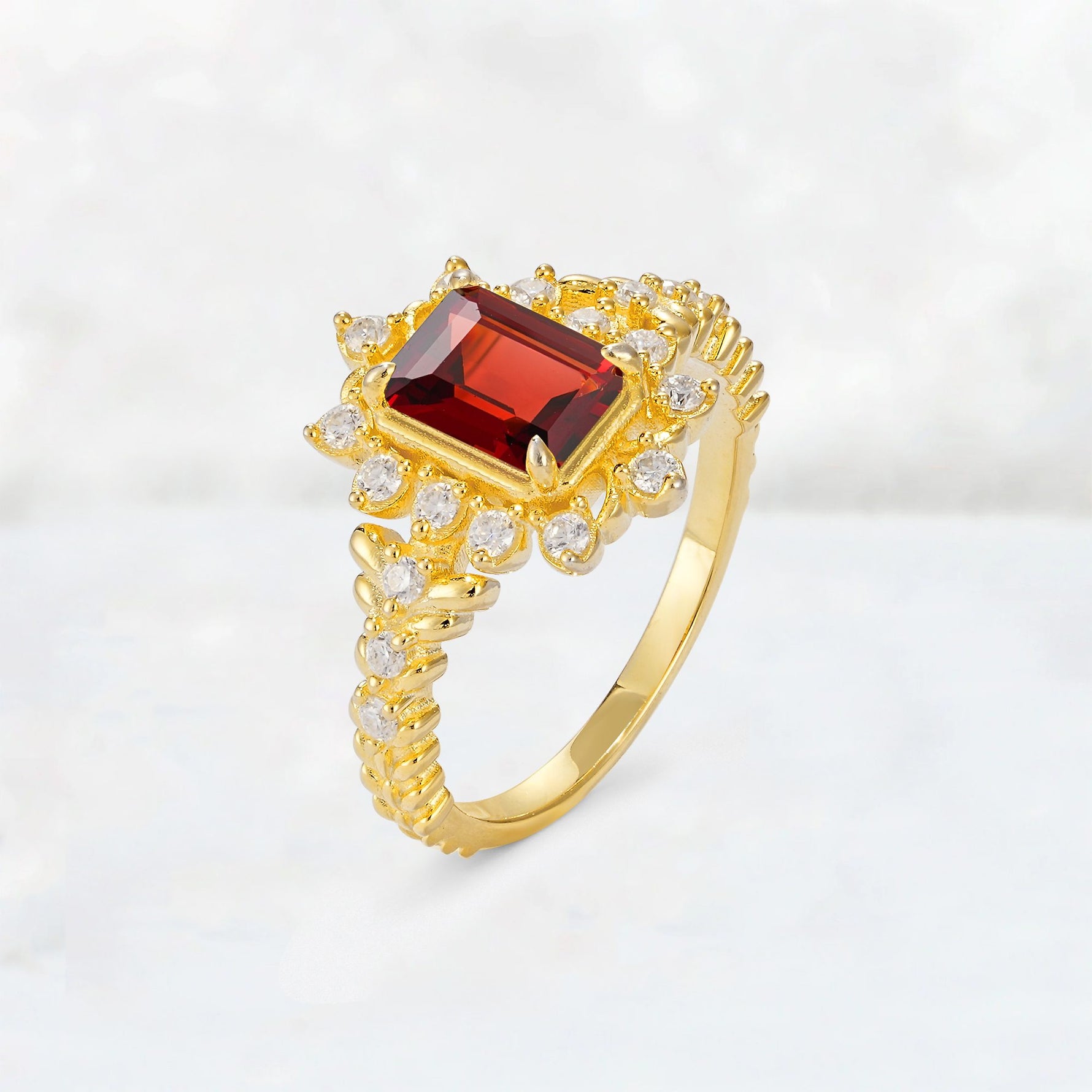 Emerald Cut Garnet Floral Halo Leaf Vine Engagement Ring - Additional view