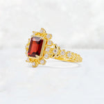 Emerald Cut Garnet Floral Halo Leaf Vine Engagement Ring - Additional view