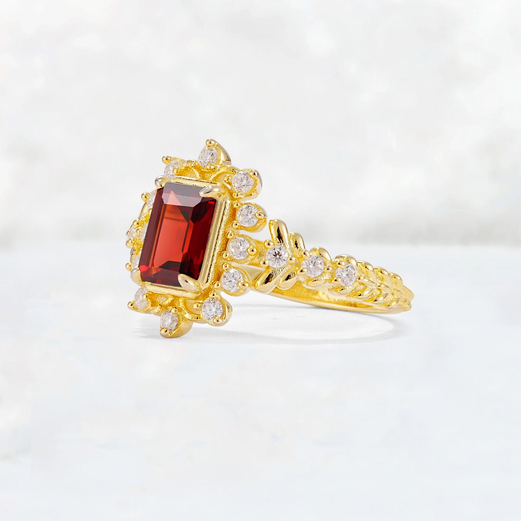 Emerald Cut Garnet Floral Halo Leaf Vine Engagement Ring - Additional view