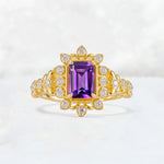 Emerald Cut Amethyst Floral Halo Leaf Vine Engagement Ring - Additional view