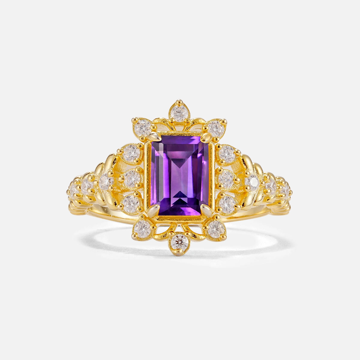 Emerald Cut Amethyst Floral Halo Leaf Vine Engagement Ring