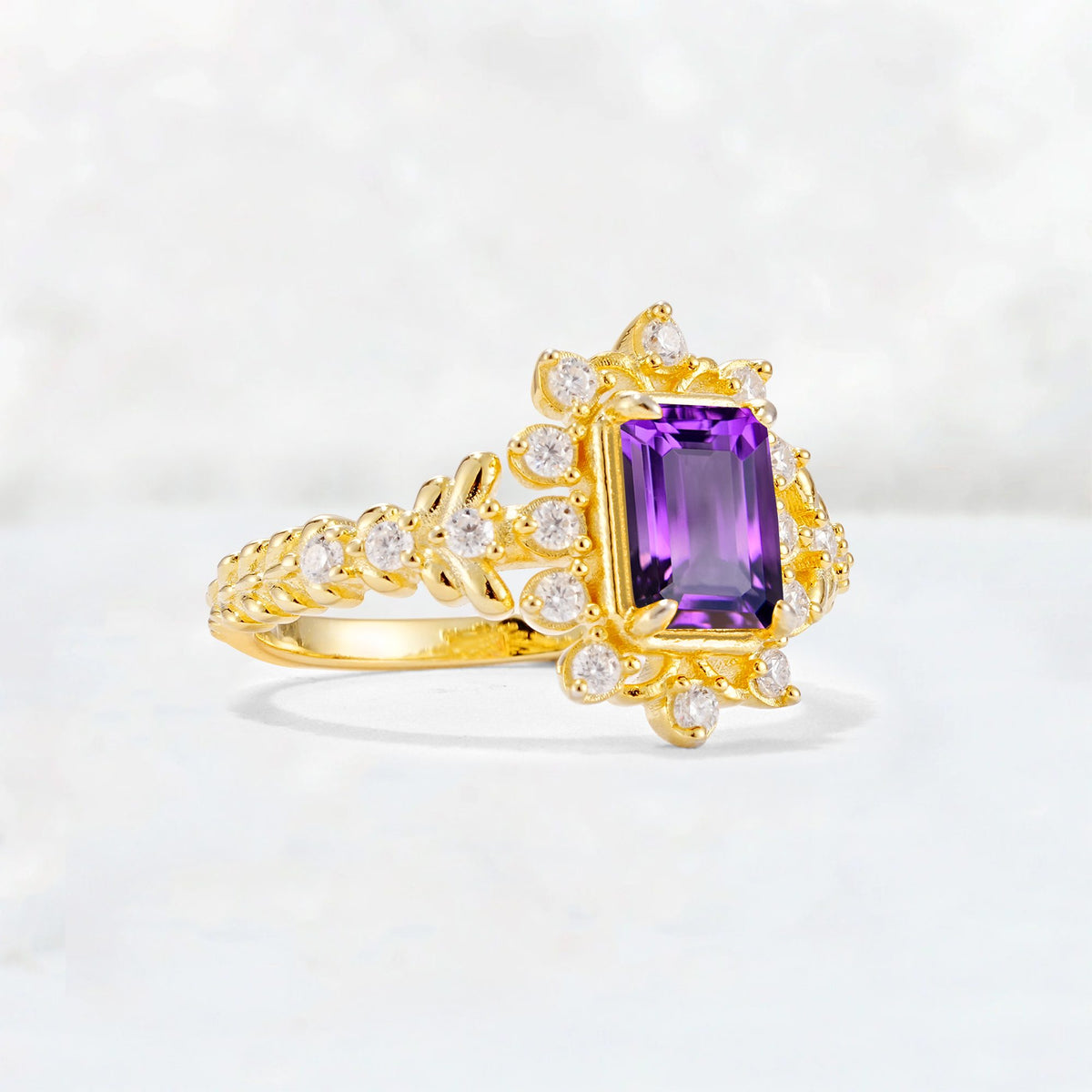 Emerald Cut Amethyst Floral Halo Leaf Vine Engagement Ring - Additional view