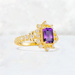 Emerald Cut Amethyst Floral Halo Leaf Vine Engagement Ring - Additional view