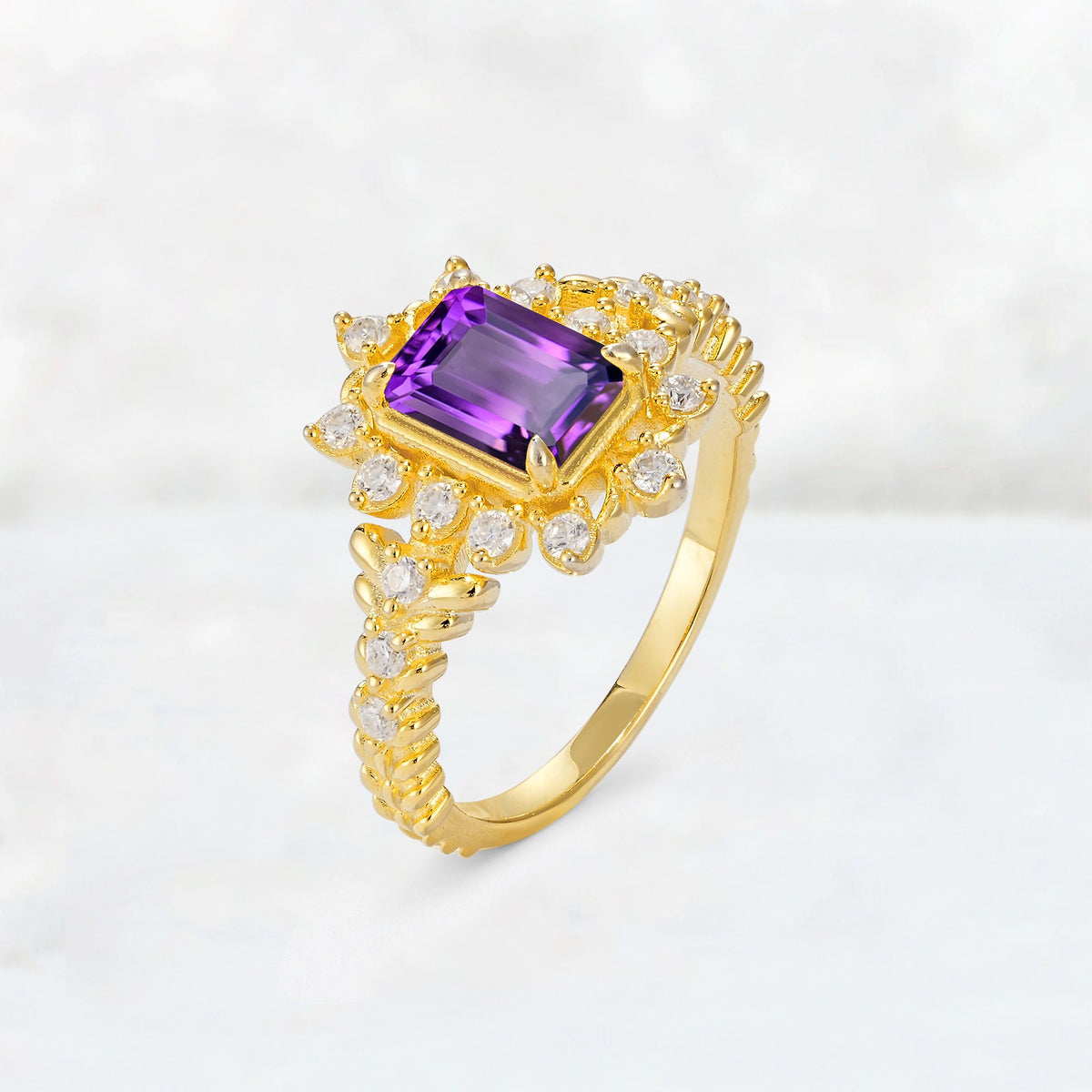 Emerald Cut Amethyst Floral Halo Leaf Vine Engagement Ring - Additional view