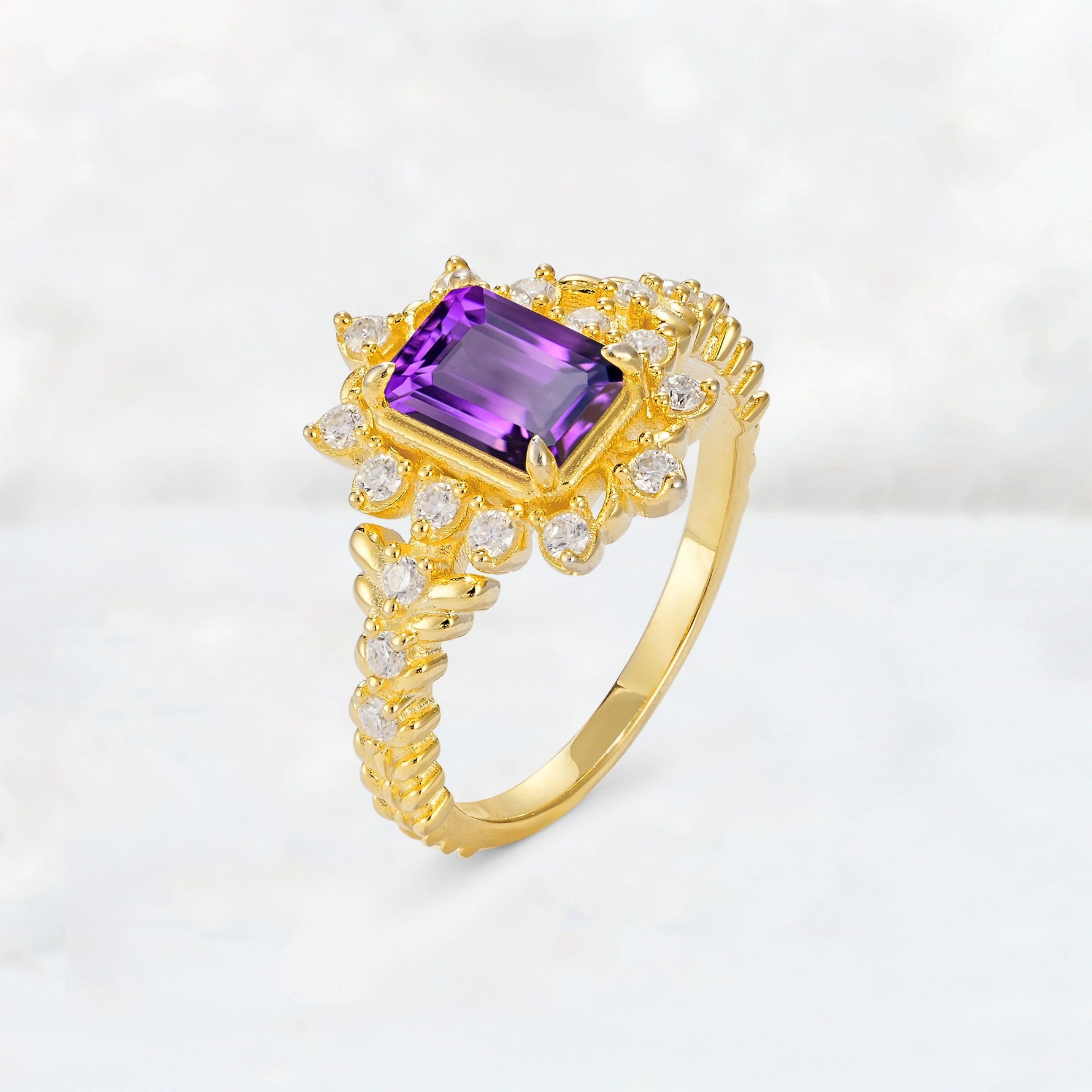 Emerald Cut Amethyst Floral Halo Leaf Vine Engagement Ring - Additional view