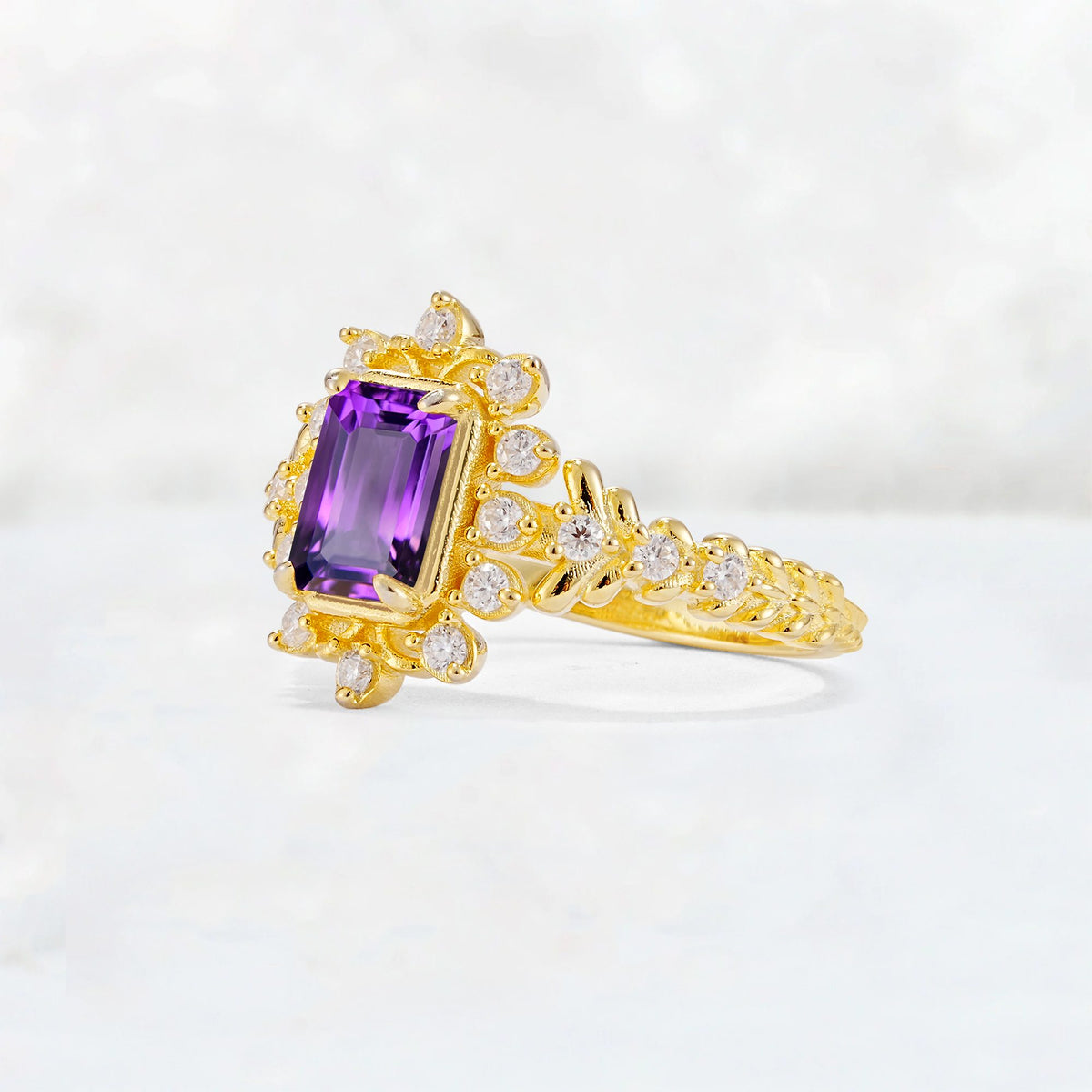 Emerald Cut Amethyst Floral Halo Leaf Vine Engagement Ring - Additional view