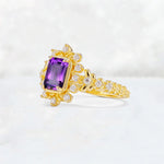 Emerald Cut Amethyst Floral Halo Leaf Vine Engagement Ring - Additional view