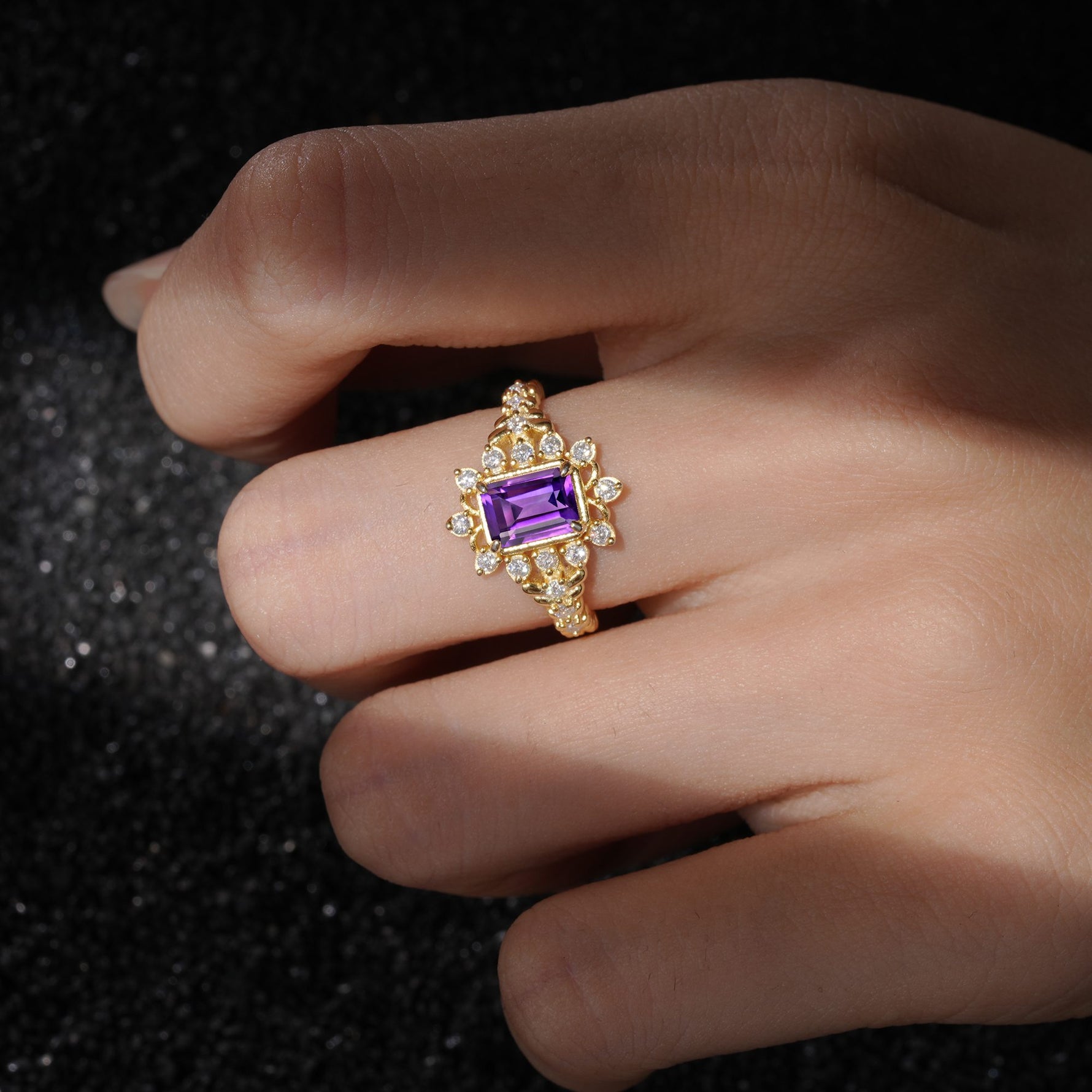 Emerald Cut Amethyst Floral Halo Leaf Vine Engagement Ring - Additional view