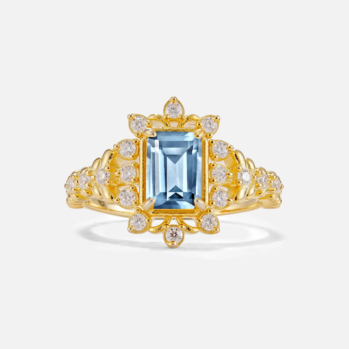 Emerald Cut Aquamarine Floral Halo Leaf Vine Engagement Ring