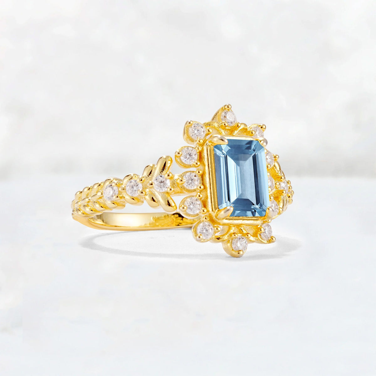 Emerald Cut Aquamarine Floral Halo Leaf Vine Engagement Ring - Additional view