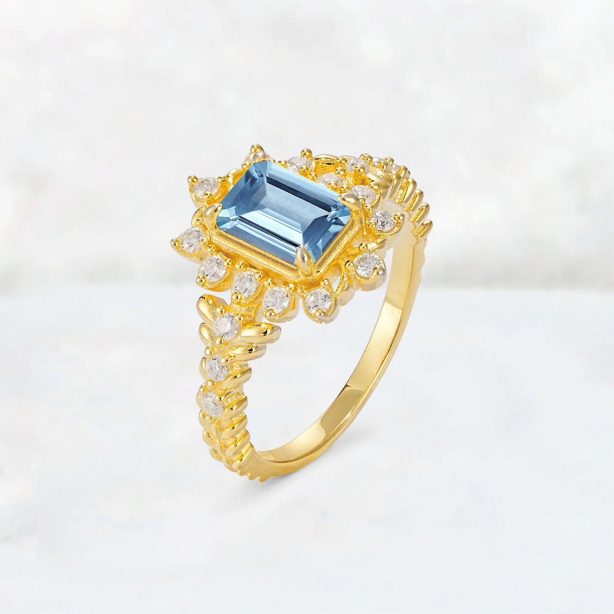 Emerald Cut Aquamarine Floral Halo Leaf Vine Engagement Ring - Additional view