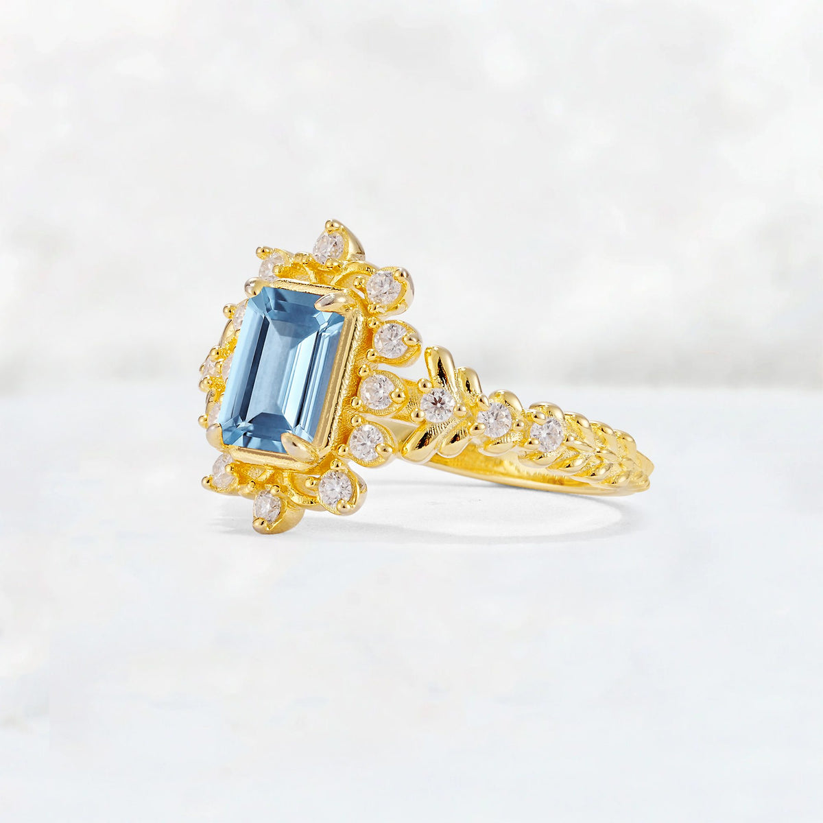 Emerald Cut Aquamarine Floral Halo Leaf Vine Engagement Ring - Additional view