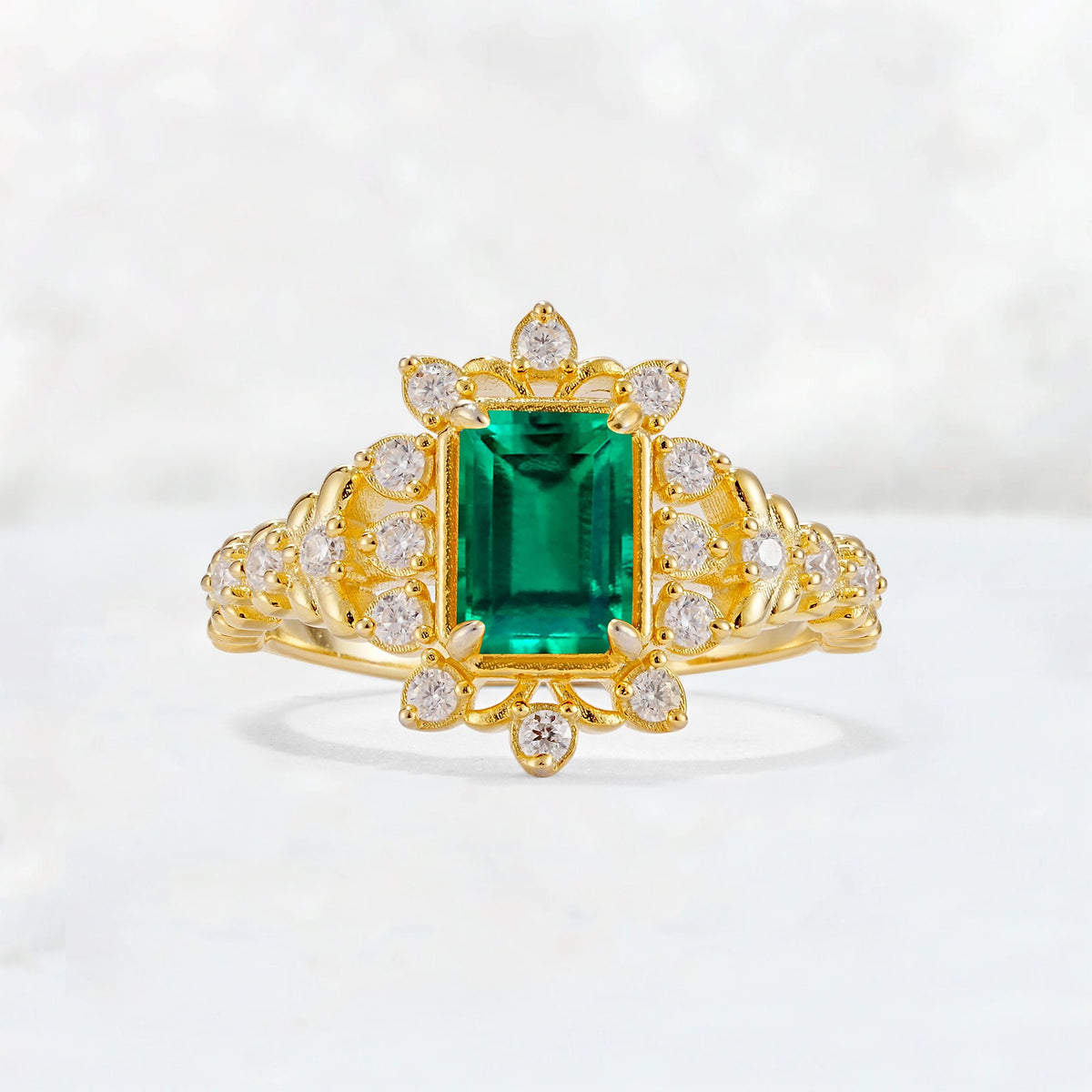 Emerald Cut Emerald Floral Halo Leaf Vine Engagement Ring - Additional view