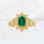 Emerald Cut Emerald Floral Halo Leaf Vine Engagement Ring - Additional view
