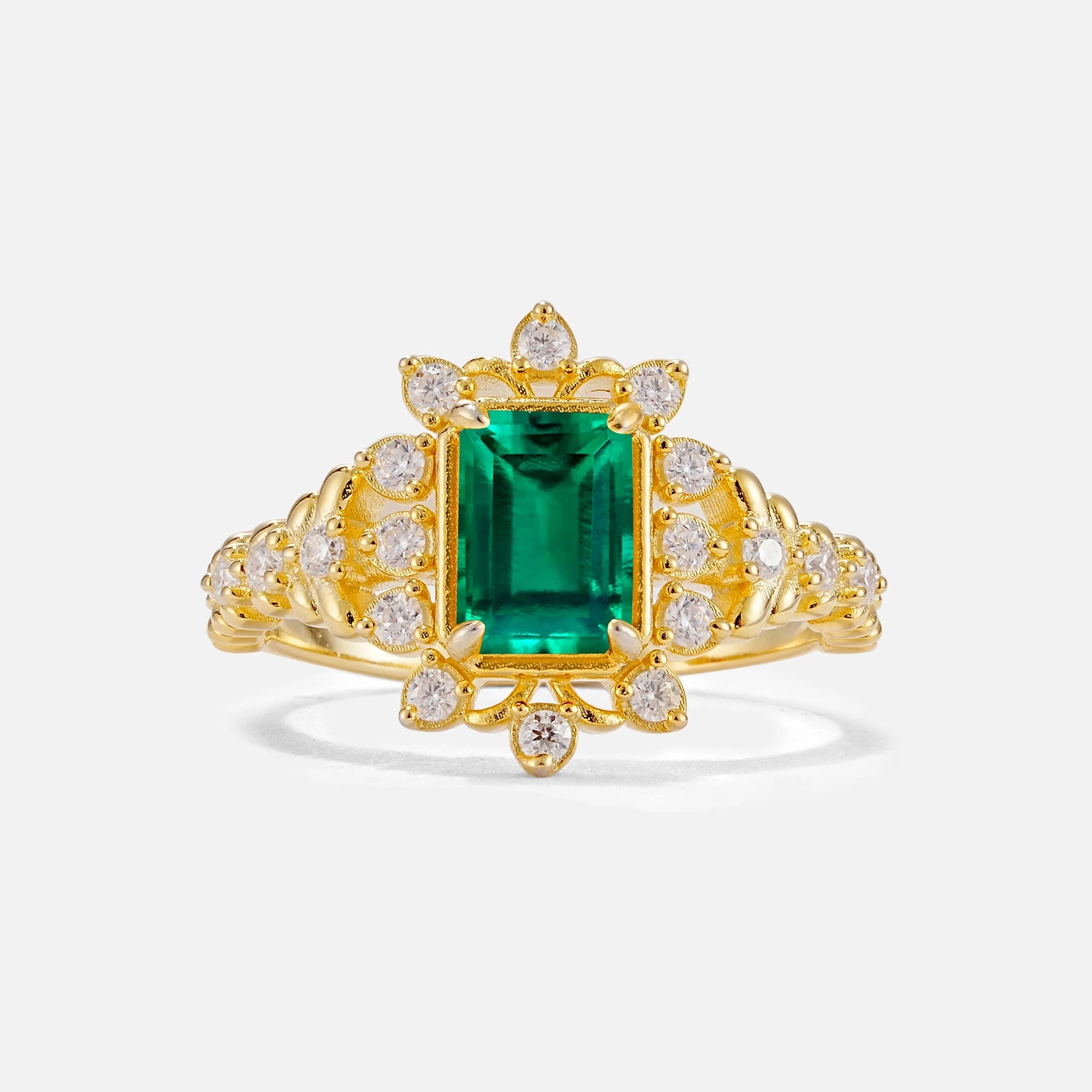 Emerald Cut Emerald Floral Halo Leaf Vine Engagement Ring