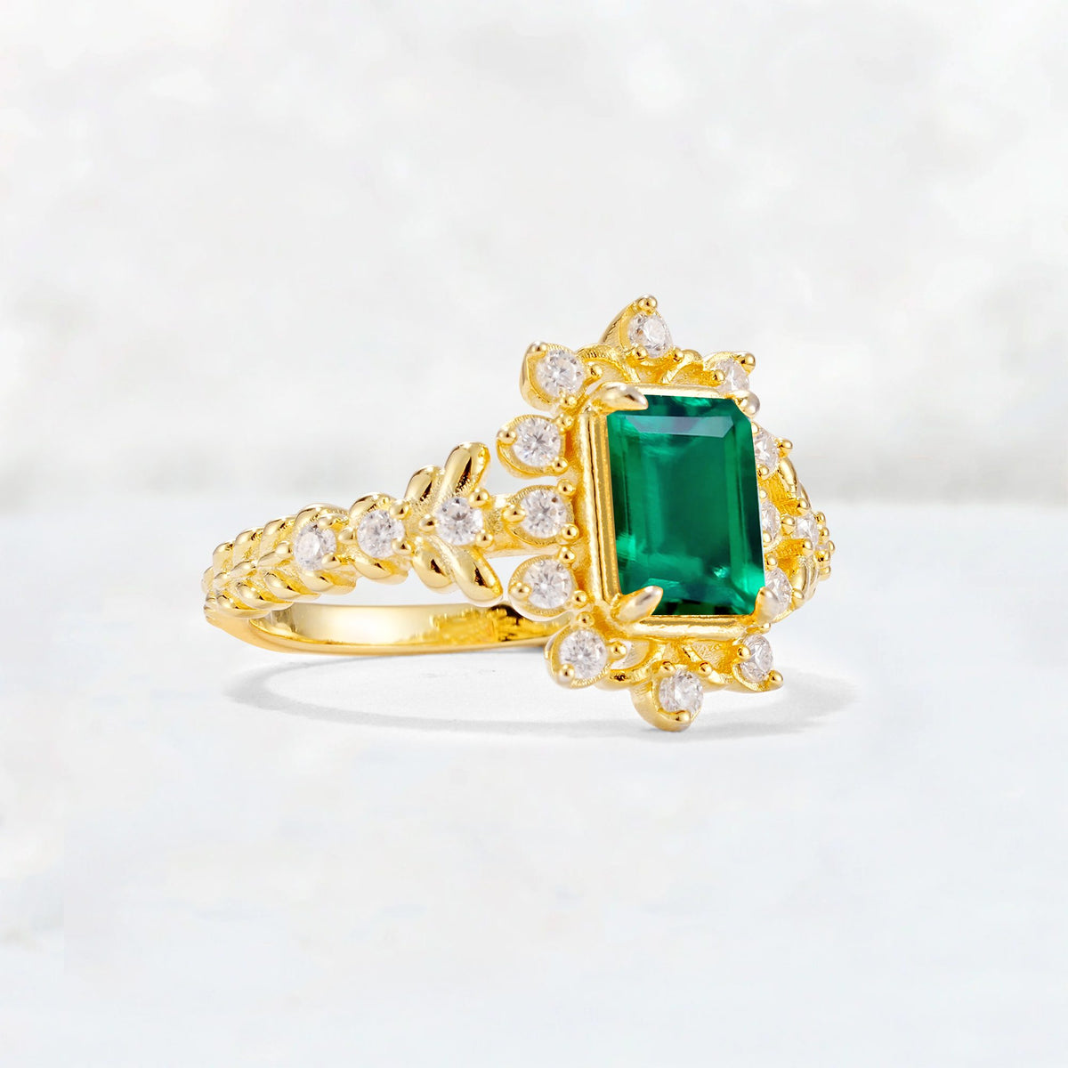 Emerald Cut Emerald Floral Halo Leaf Vine Engagement Ring - Additional view