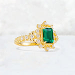 Emerald Cut Emerald Floral Halo Leaf Vine Engagement Ring - Additional view