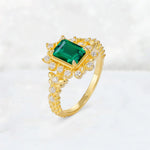 Emerald Cut Emerald Floral Halo Leaf Vine Engagement Ring - Additional view