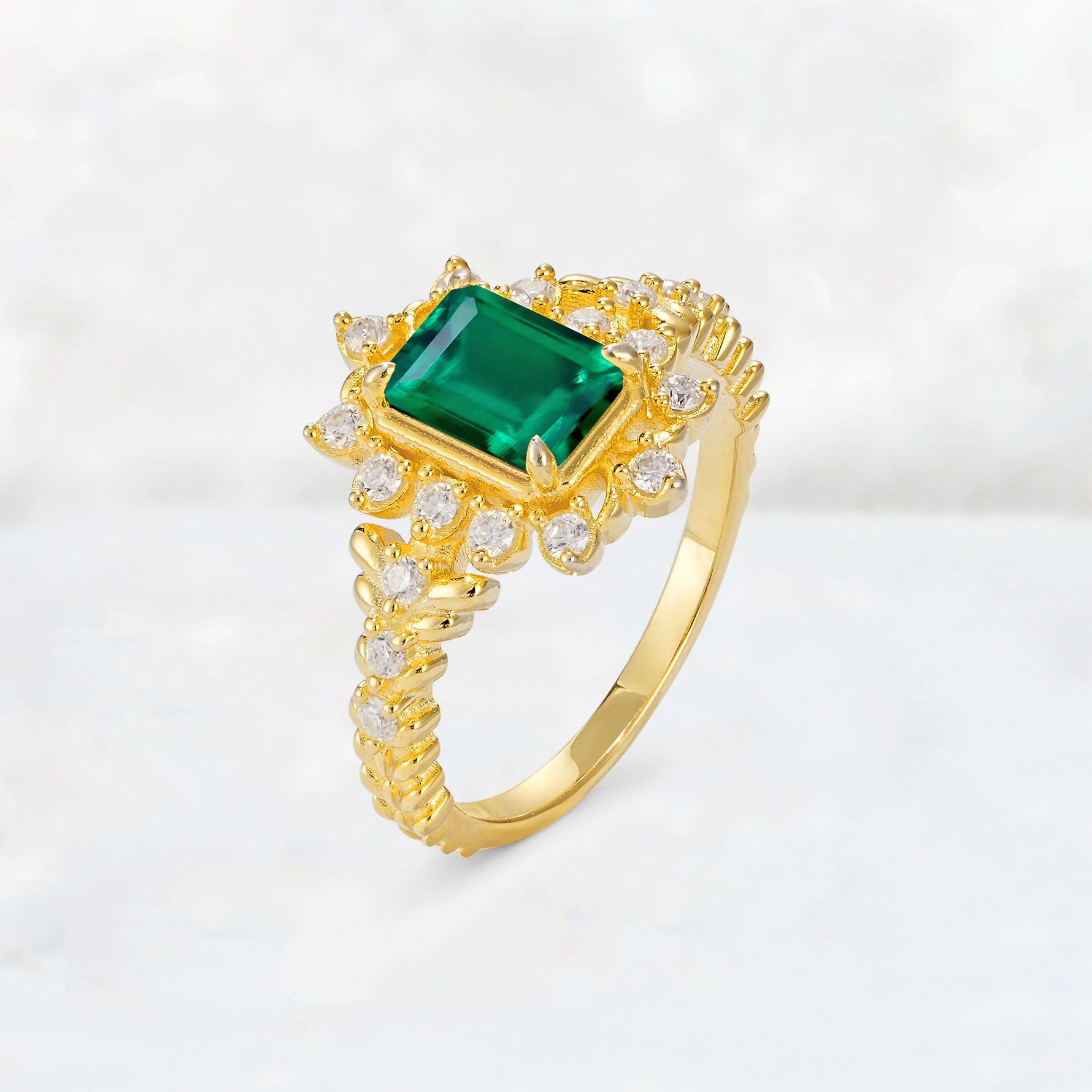Emerald Cut Emerald Floral Halo Leaf Vine Engagement Ring - Additional view