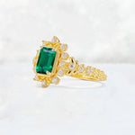 Emerald Cut Emerald Floral Halo Leaf Vine Engagement Ring - Additional view