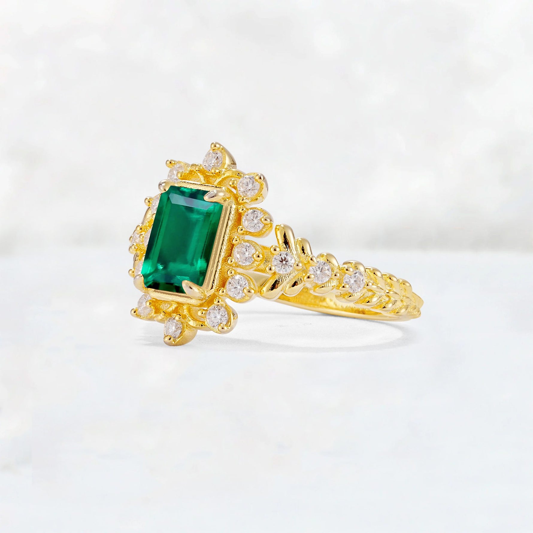 Emerald Cut Emerald Floral Halo Leaf Vine Engagement Ring - Additional view