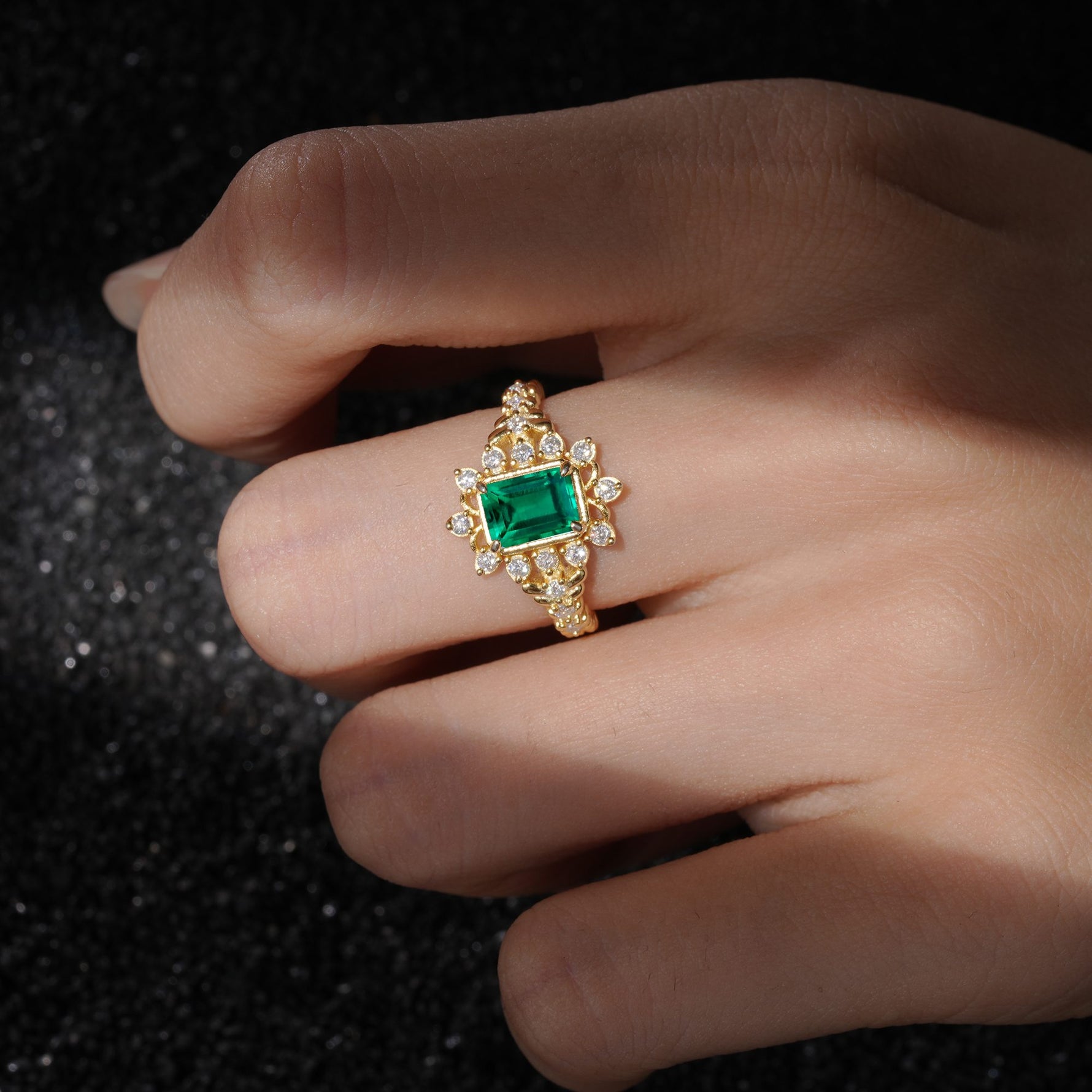 Emerald Cut Emerald Floral Halo Leaf Vine Engagement Ring - Additional view