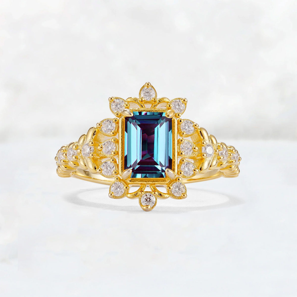 Emerald Cut Alexandrite Floral Halo Leaf Vine Engagement Ring - Additional view