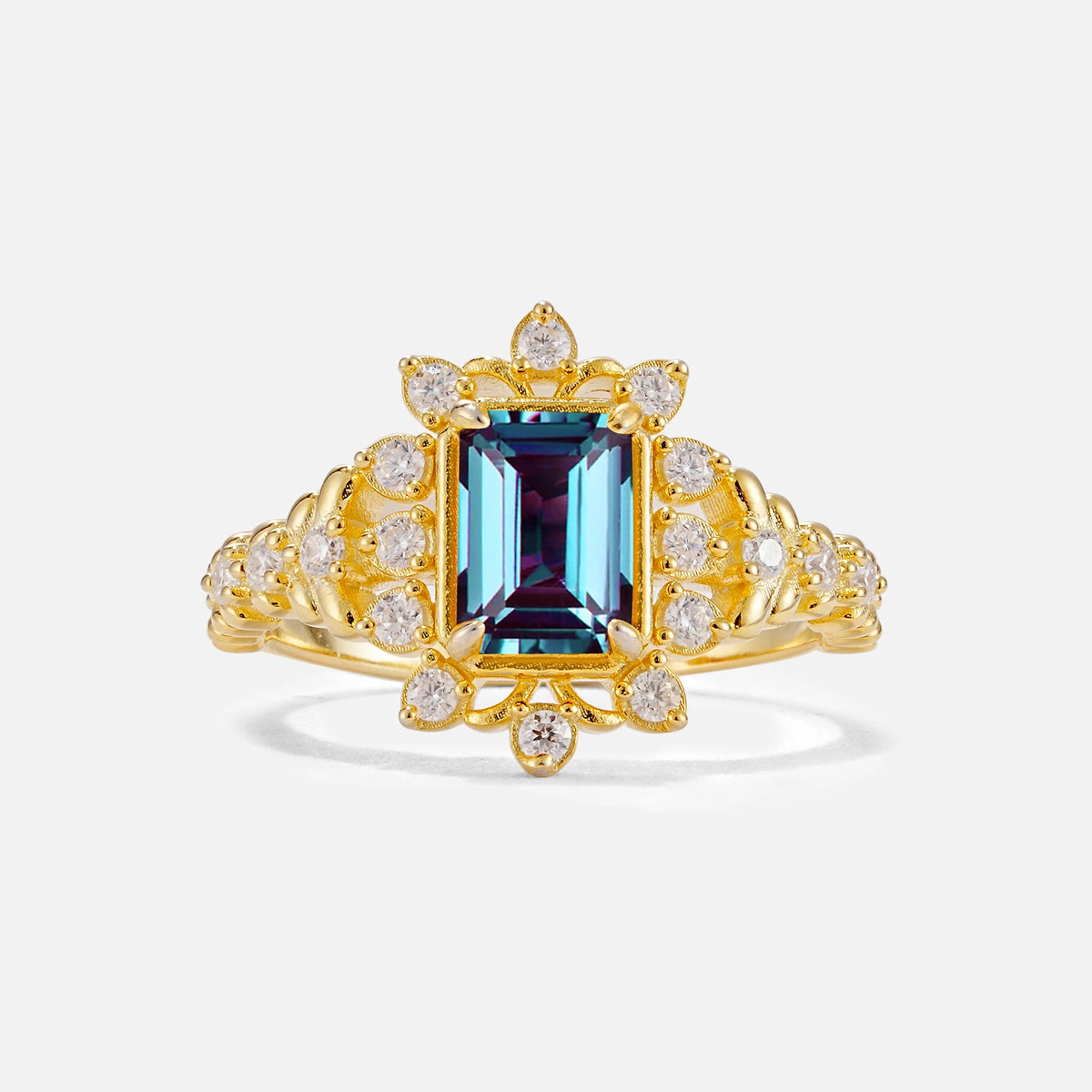 Emerald Cut Alexandrite Floral Halo Leaf Vine Engagement Ring