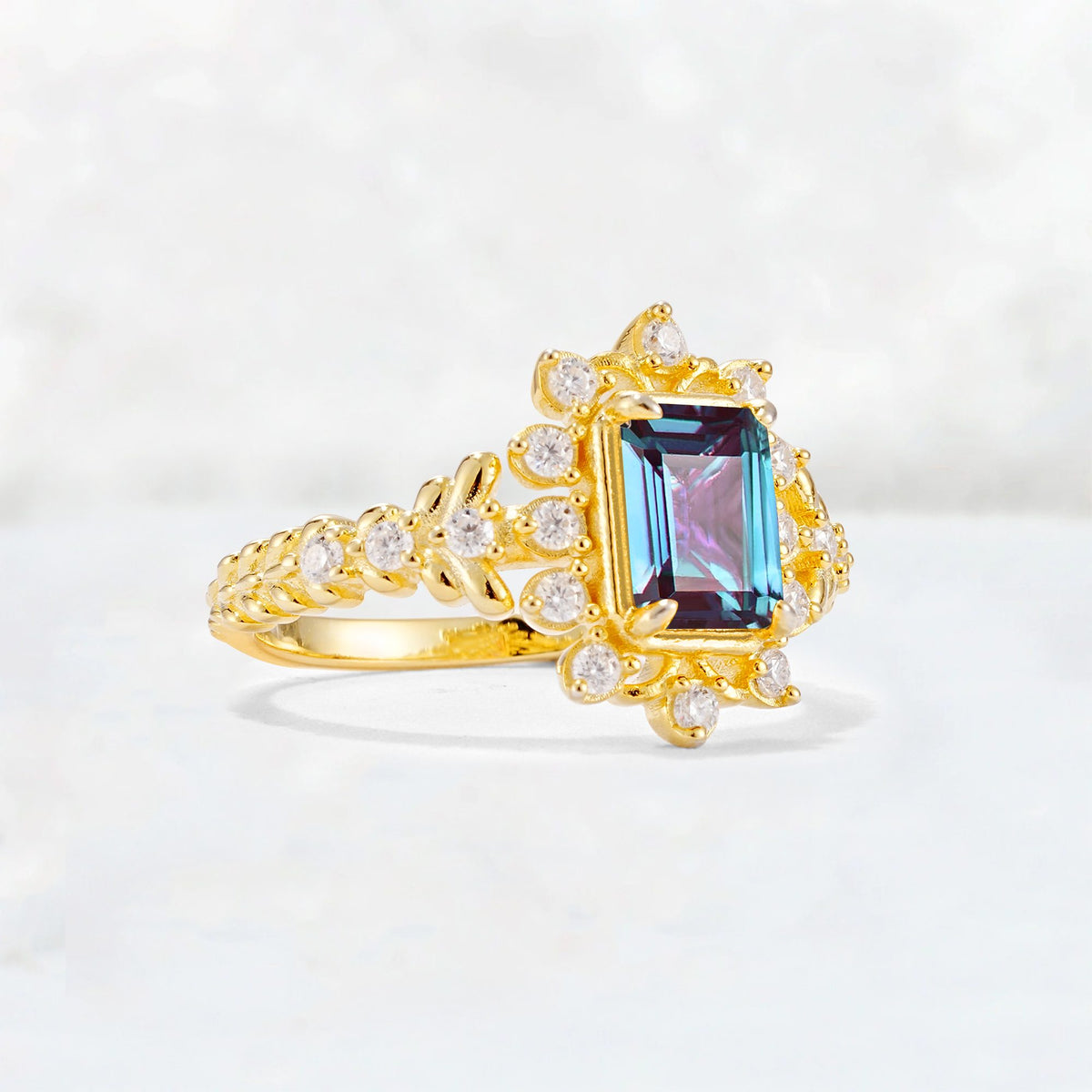 Emerald Cut Alexandrite Floral Halo Leaf Vine Engagement Ring - Additional view